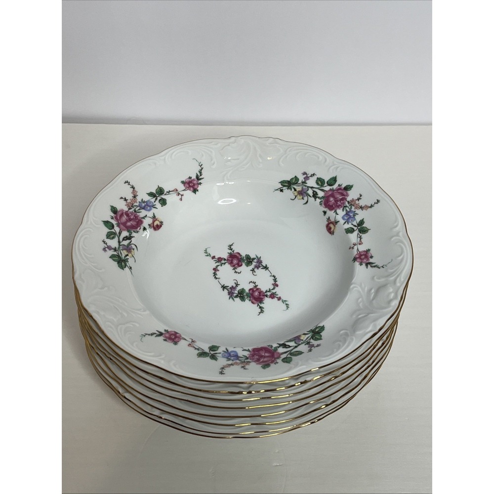 8 Vintage Royal Kent Poland Floral Rose Embossed Gold Gilt Porcelain Soup Bowls